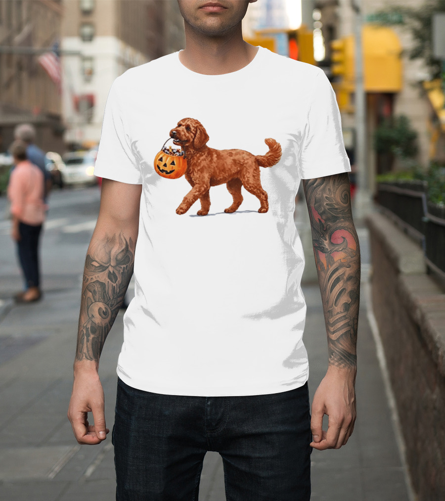 Goldendoodle Halloween Spooky Dog 2026 Pumpkin Treat Bucket T-Shirt