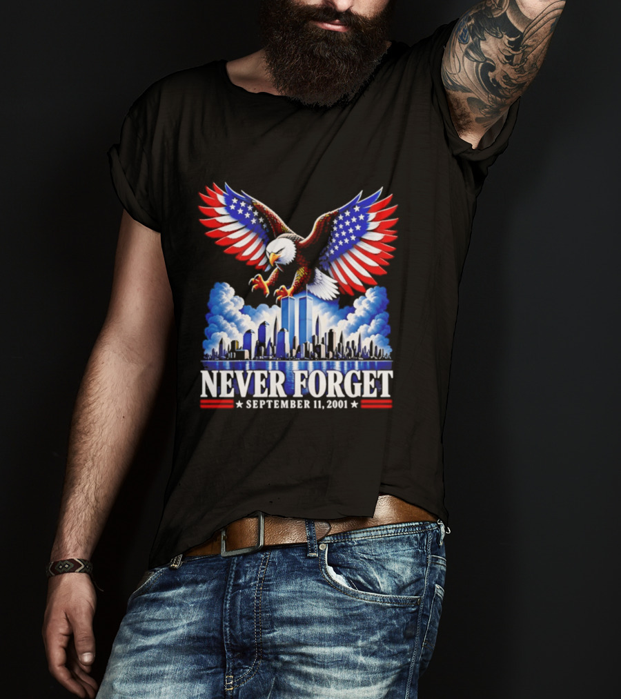 Never Forget September 11 2001 Eagle American Flag Twin Towers Memorial T-Shirt