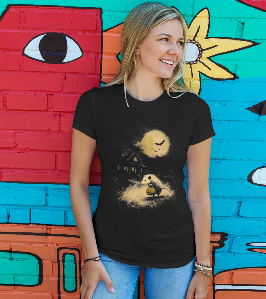 Opossum Halloween 2026 Pumpkin Spooky Moon Haunted House Scene T-Shirt