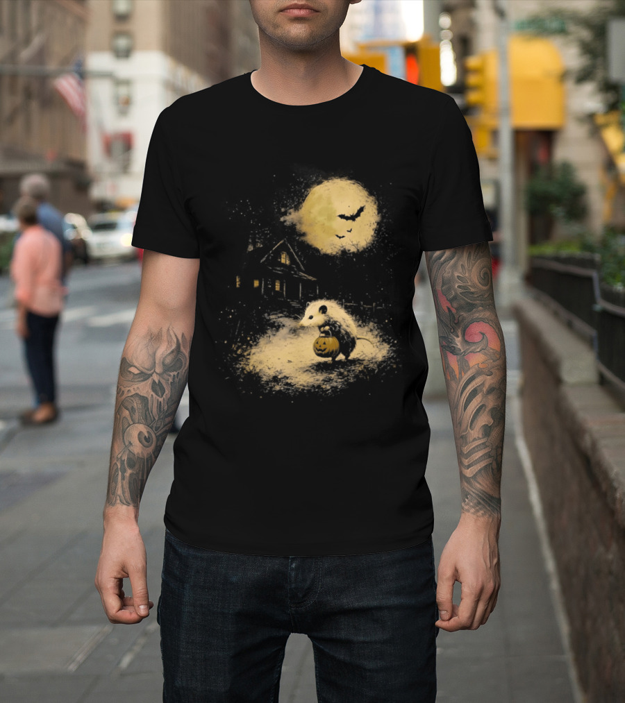 Opossum Halloween 2026 Pumpkin Spooky Moon Haunted House Scene T-Shirt