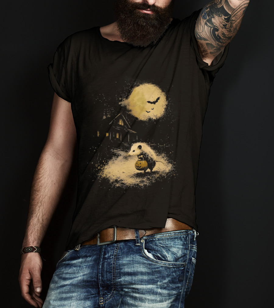 Opossum Halloween 2026 Pumpkin Spooky Moon Haunted House Scene T-Shirt