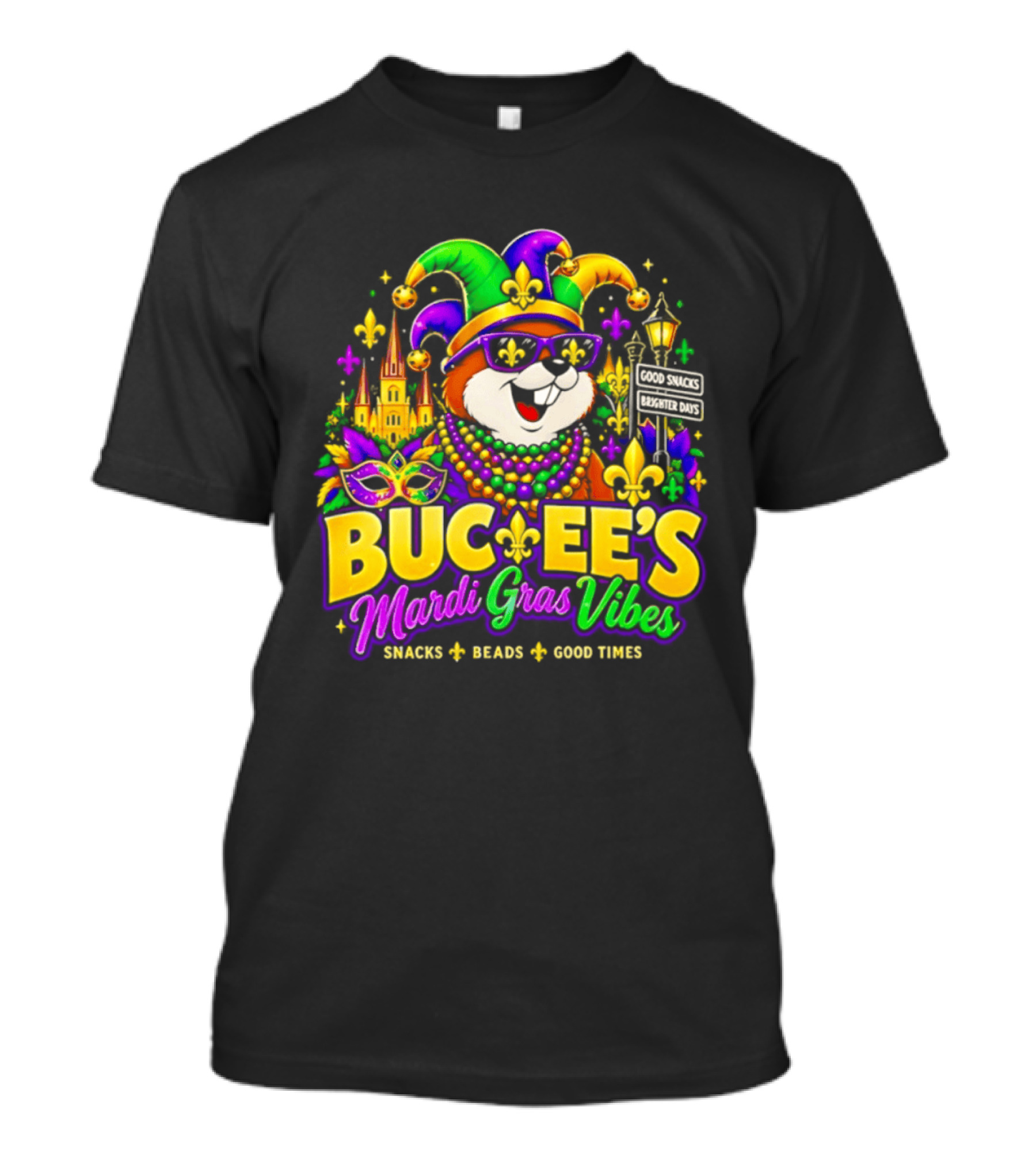 Buc Ee's Mardi Gras Vibes Snacks Beads Good Times T-Shirt