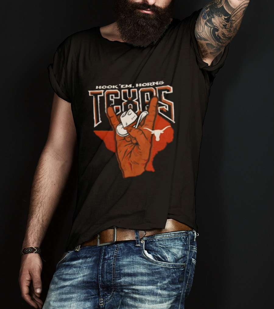 Hook 'em Texas Longhorns Hand Sign With Cowboy Hat And Longhorn T-Shirt