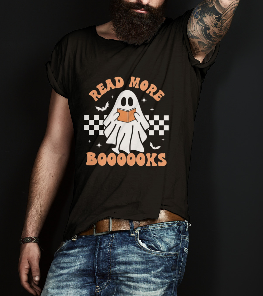 Read More Booooks Ghost Halloween Bat Checkerboard T-Shirt