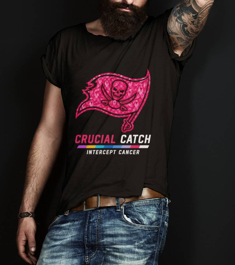 Tampa Bay Buccaneers 2026 Crucial Catch Intercept Cancer Pink Ribbon Flag T-Shirt