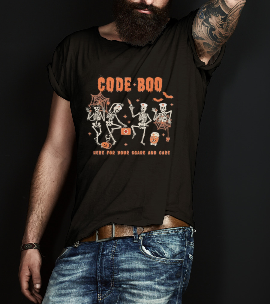 Code Boo Skeleton Nurse Halloween Scare And Care T-Shirt