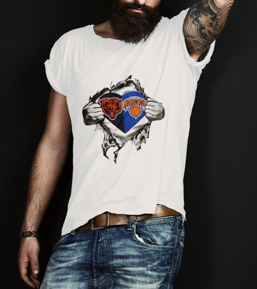 Chicago Bears New York Knicks Heart Symbol Fan Pride Collaboration T-Shirt