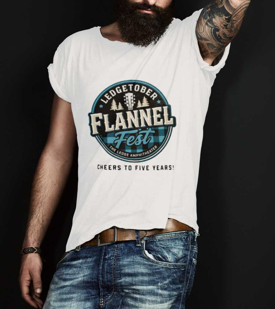 LedgeTober Flannel Fest The Ledge Amphitheater Cheers To Five Years Celebration With Trees And Guitar T-Shirt