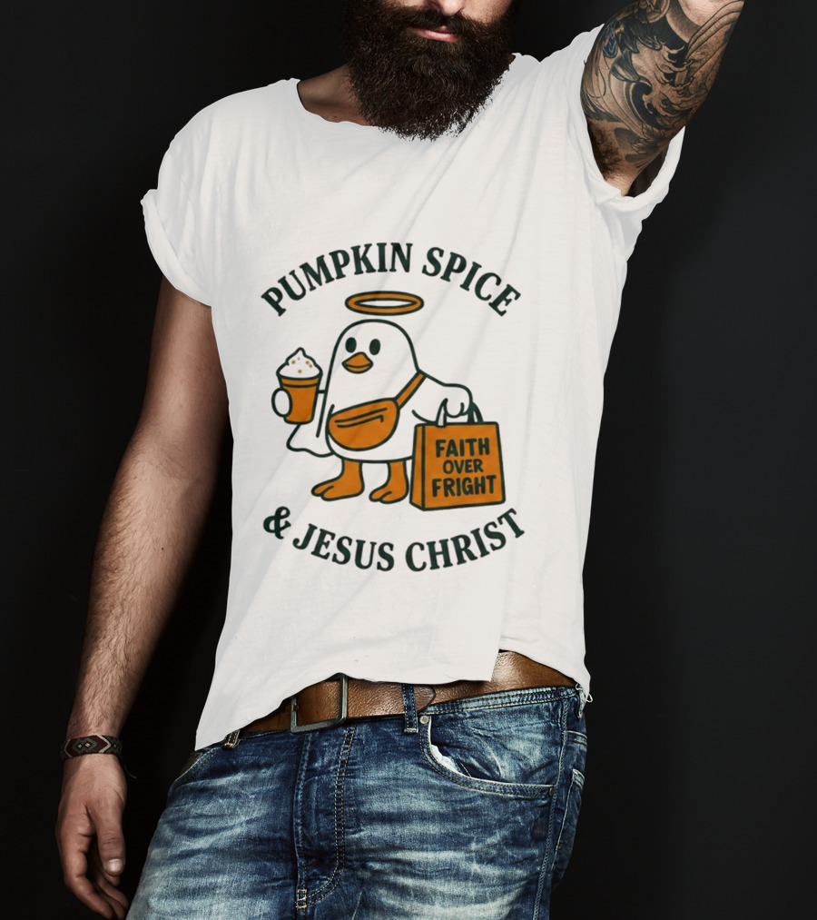Pumpkin Spice Jesus Christ Faith Over Fright Angelic Penguin Coffee T-Shirt