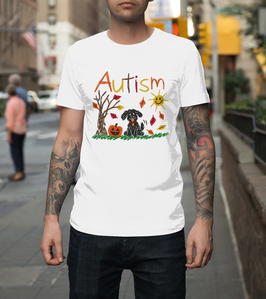 Autism Dog Pumpkin Halloween Fall Leaves Drawing T-Shirt