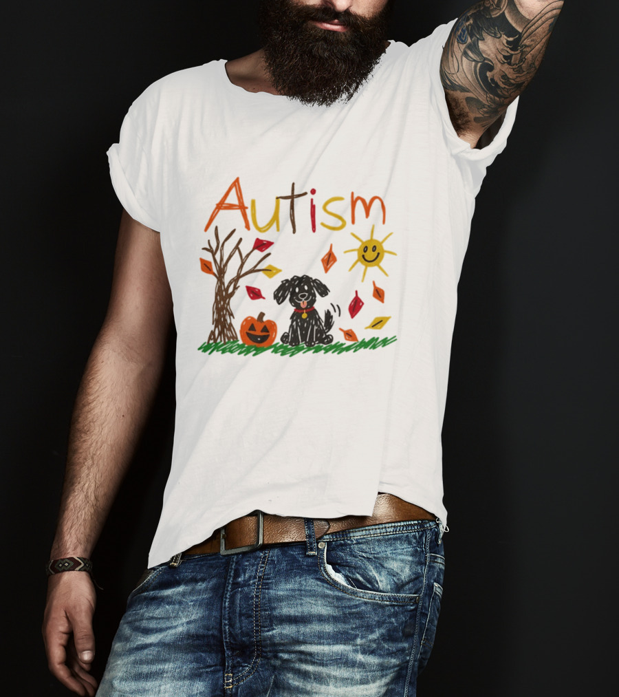 Autism Dog Pumpkin Halloween Fall Leaves Drawing T-Shirt