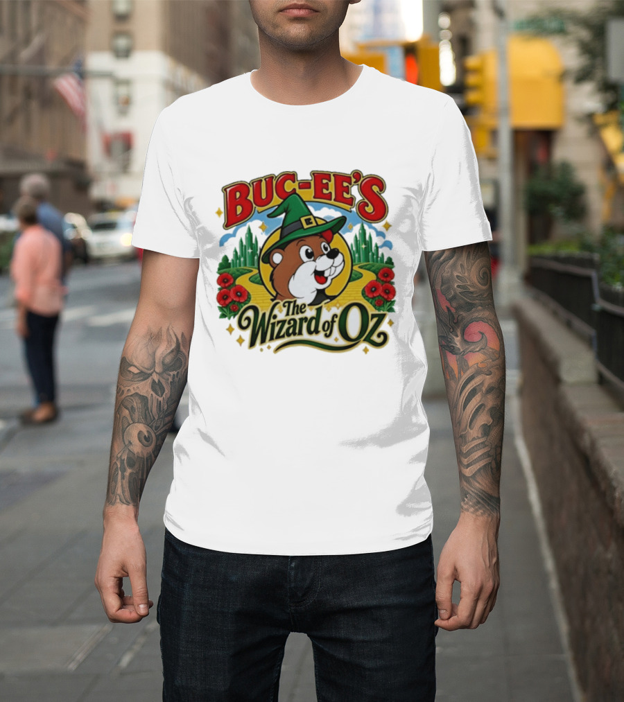 Buc Ee's The Wizard Of Oz Themed Parody With Beaver In Green Hat And Yellow Brick Road T-Shirt