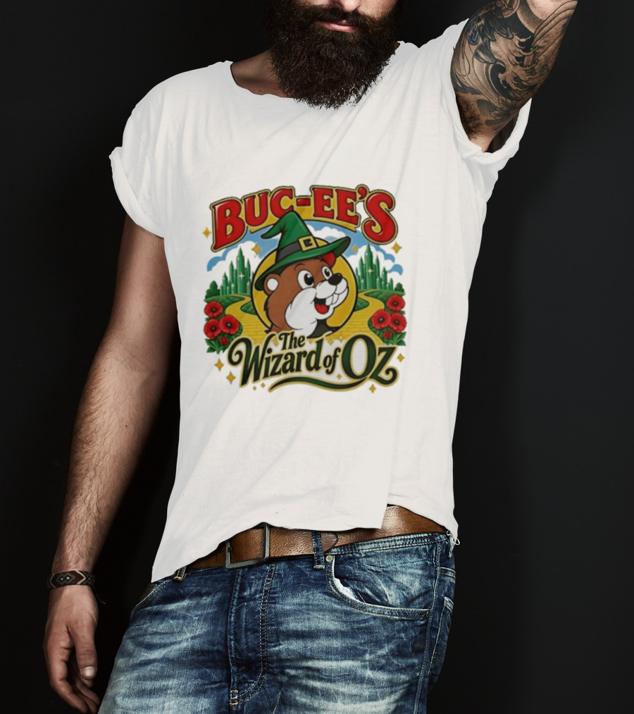 Buc Ee's The Wizard Of Oz Themed Parody With Beaver In Green Hat And Yellow Brick Road T-Shirt