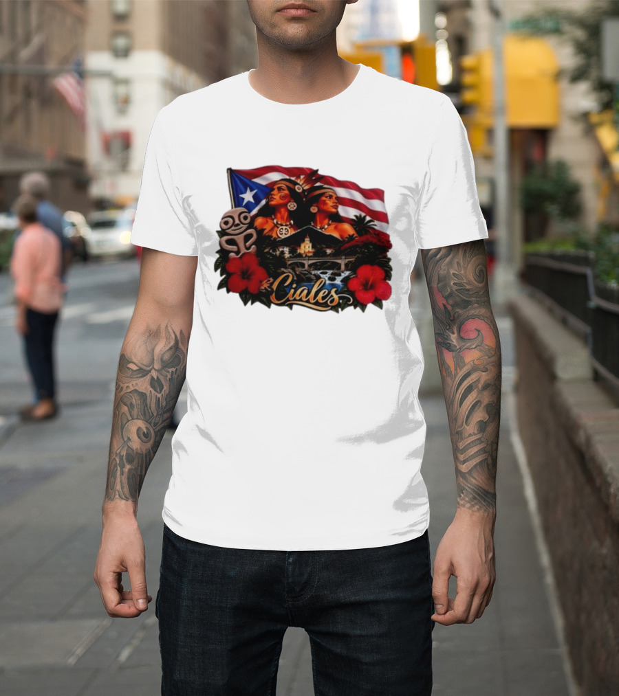 Ciales Puerto Rico Taino Women With Flag Hibiscus Flowers And Indigenous T-Shirt