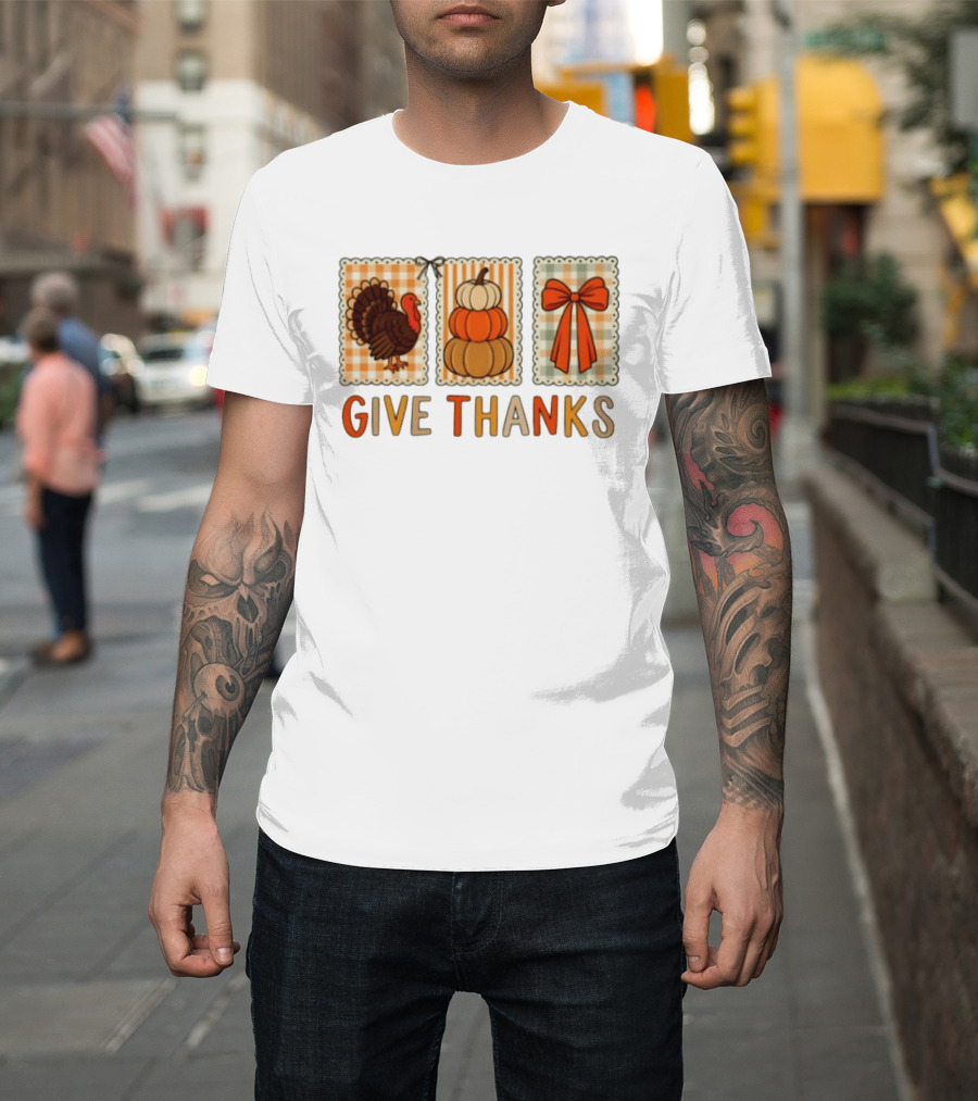 Thanksgiving Give Thanks Turkey Pumpkin Bow Harvest Celebration T-Shirt