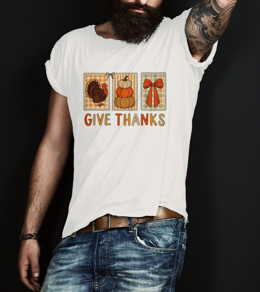 Thanksgiving Give Thanks Turkey Pumpkin Bow Harvest Celebration T-Shirt