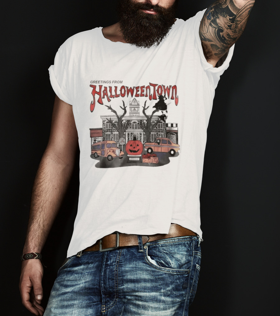 Greetings From Halloweentown Pumpkin Bus Witches Taxi T-Shirt