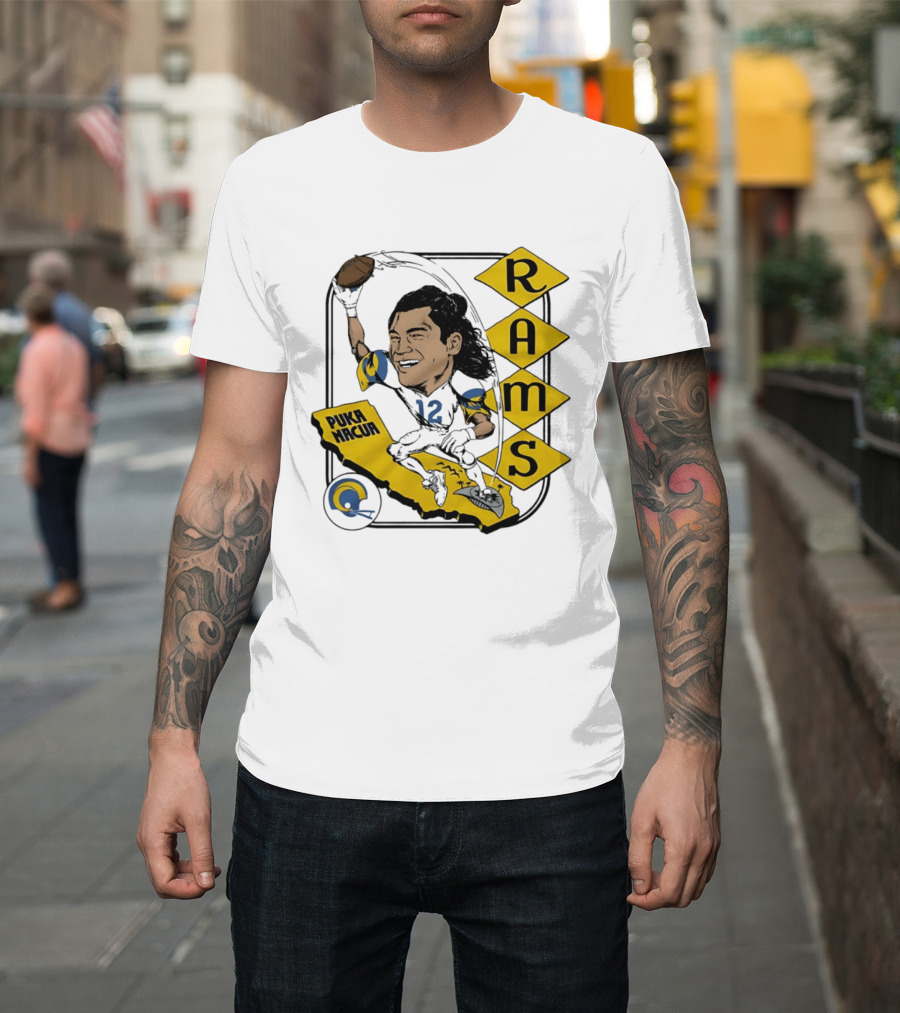 Los Angeles Rams Puka Nacua Caricature Football Player California Map T-Shirt