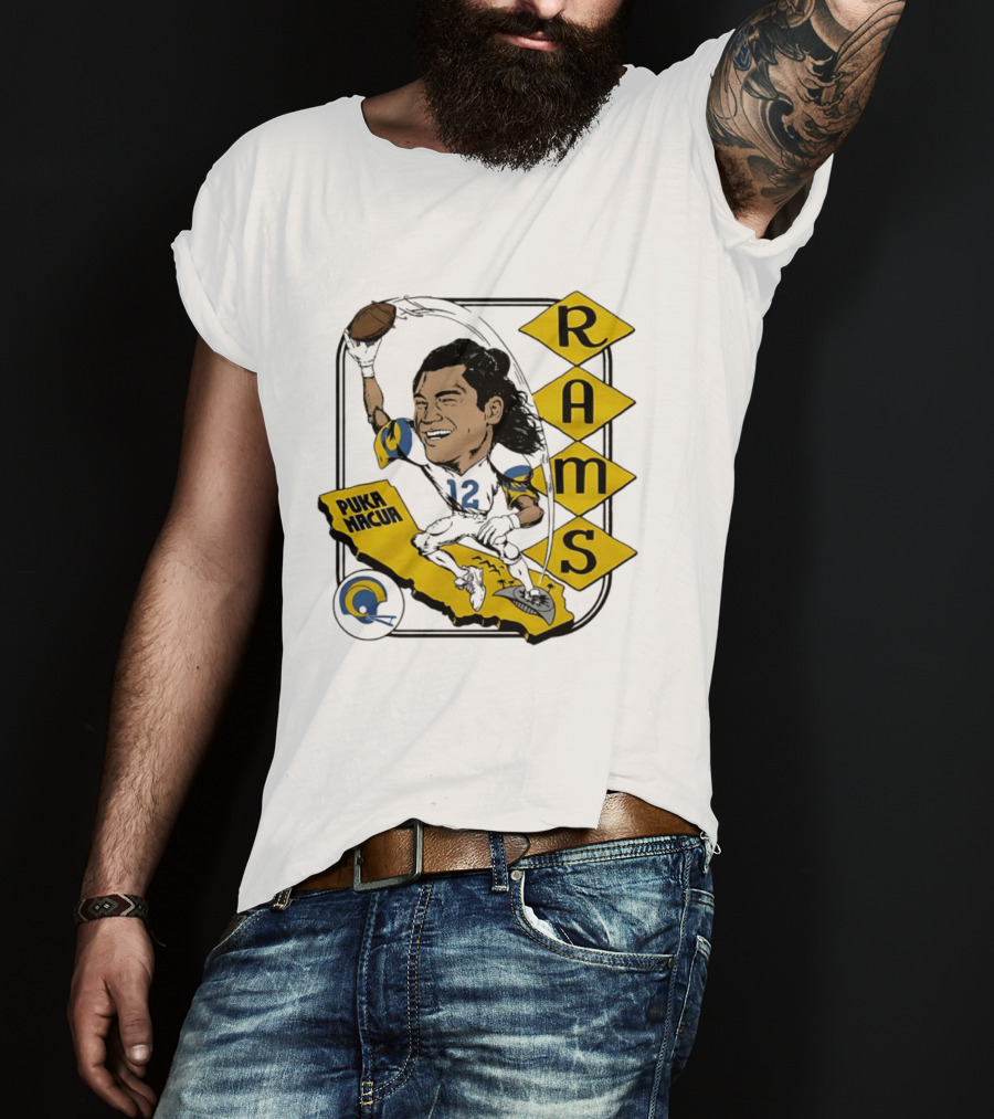 Los Angeles Rams Puka Nacua Caricature Football Player California Map T-Shirt