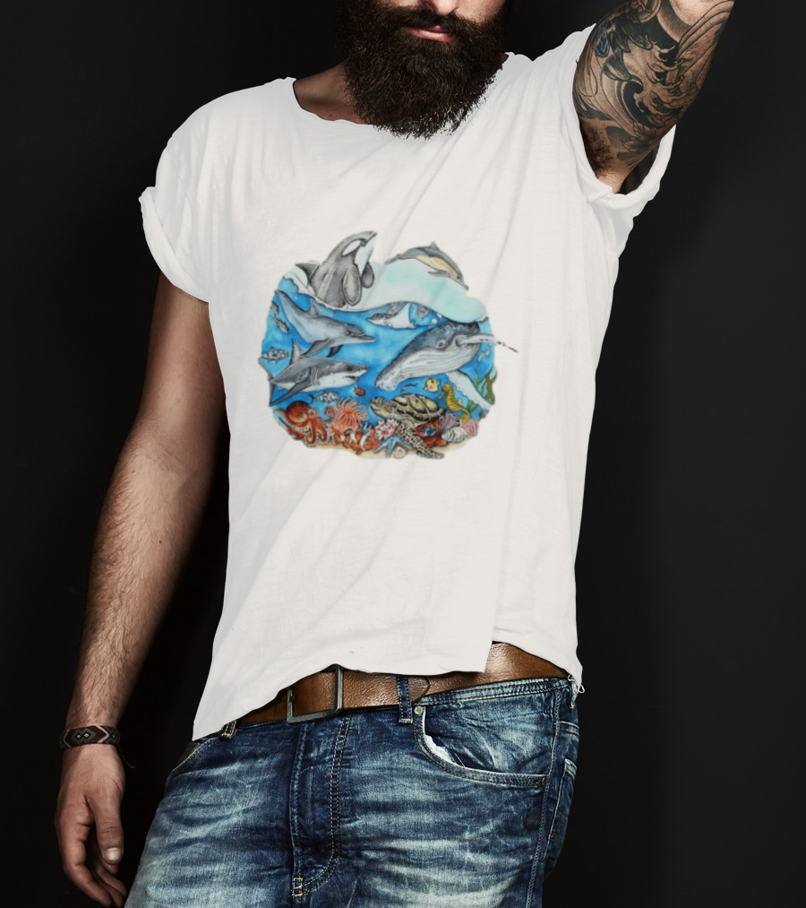 World Oceans Day Marine Life Dolphins Whales Turtles Octopus Coral Sea Animals Conservation T-Shirt