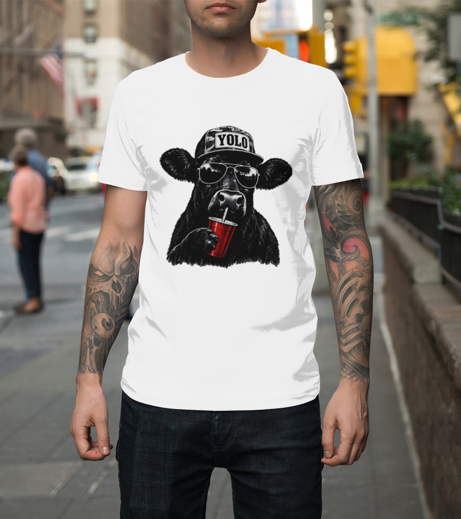 YOLO Angus Cattle With Sunglasses And Red Cup Western T-Shirt