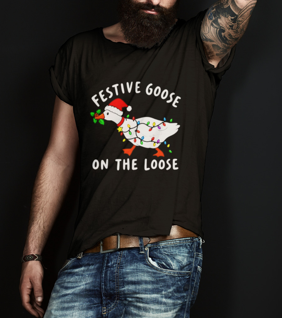 Festive Goose On The Loose With Christmas Lights And Santa Hat T-Shirt