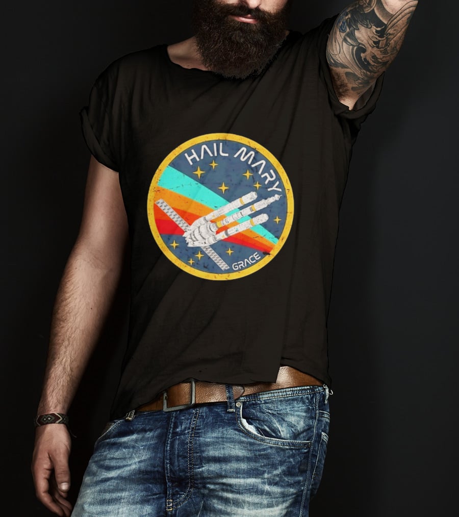 Hail Mary Grace Project Space Mission Emblem Retro Rocket T-Shirt