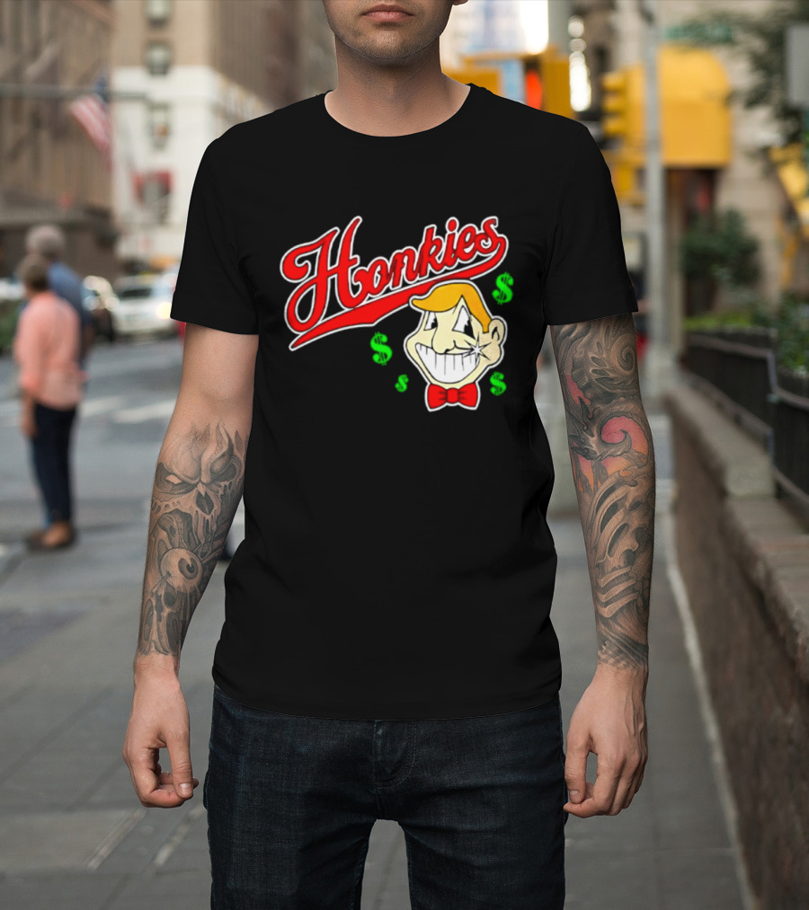 Honkies Red Script Cash Icon With Cartoon Face And Bow Tie T-Shirt