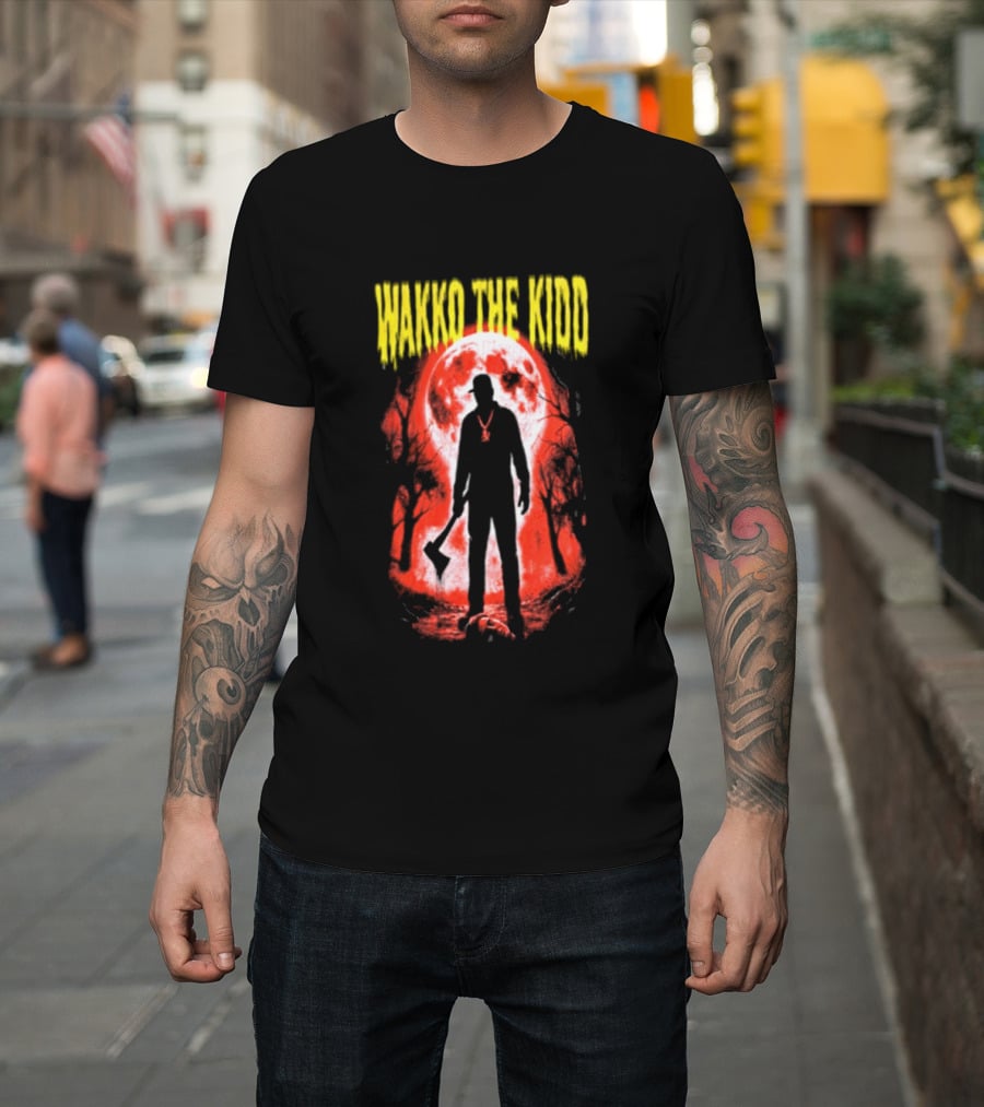 Wakko The Kidd Swing The Hatchet Red Moon Silhouette Charcoal Grey T-Shirt