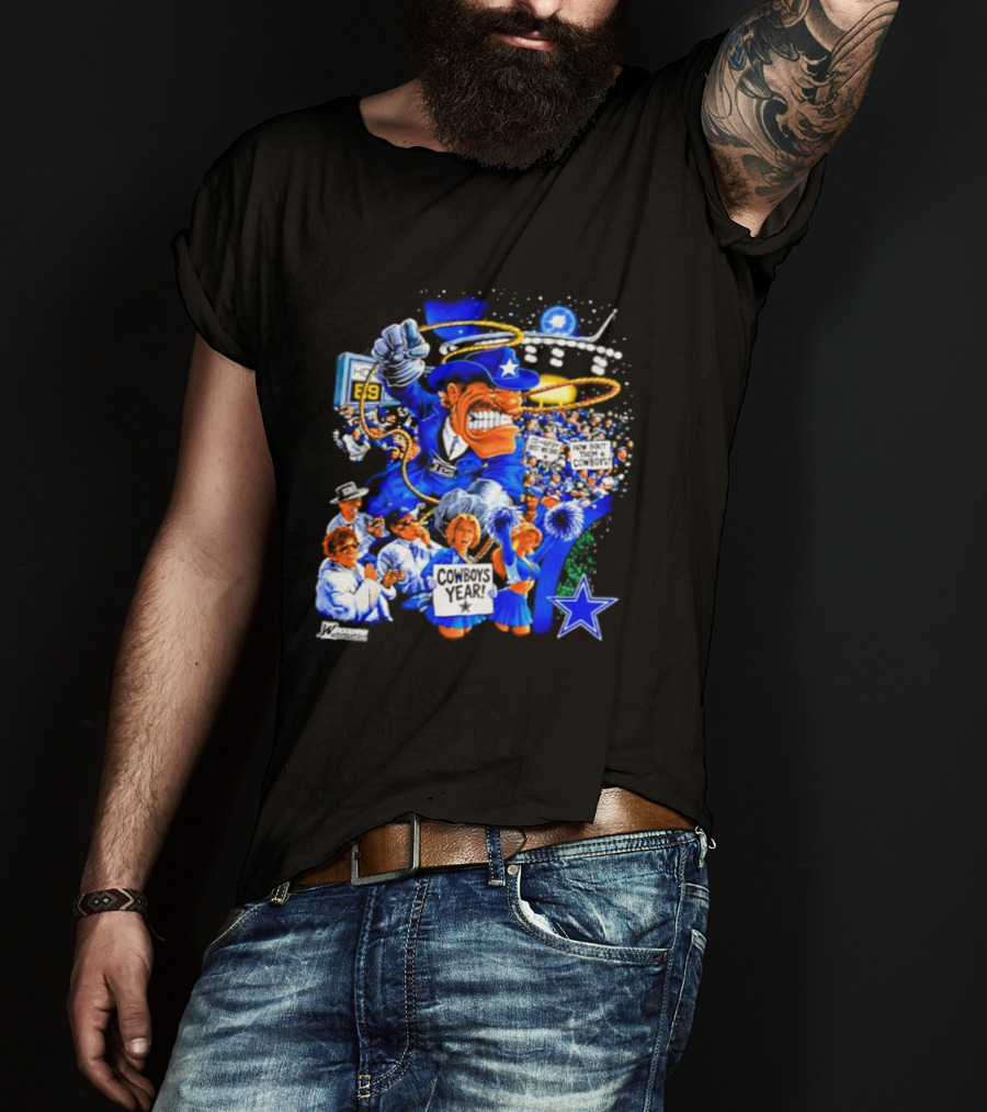 Dallas Cowboys Rowdy Mascot With Star And Cheerleaders Retro Cartoon T-Shirt