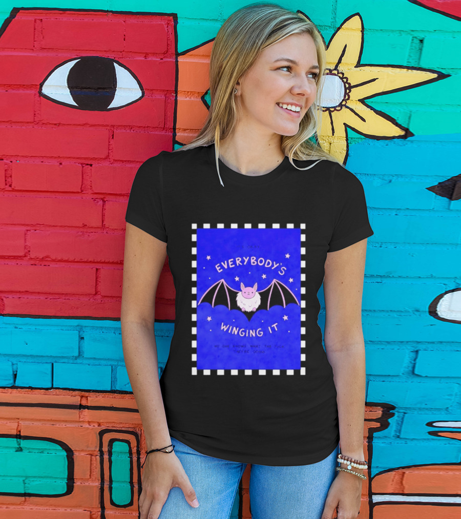 It's Okay Everybody's Winging It No One Knows What They're Doing Pink Bat With Stars T-Shirt