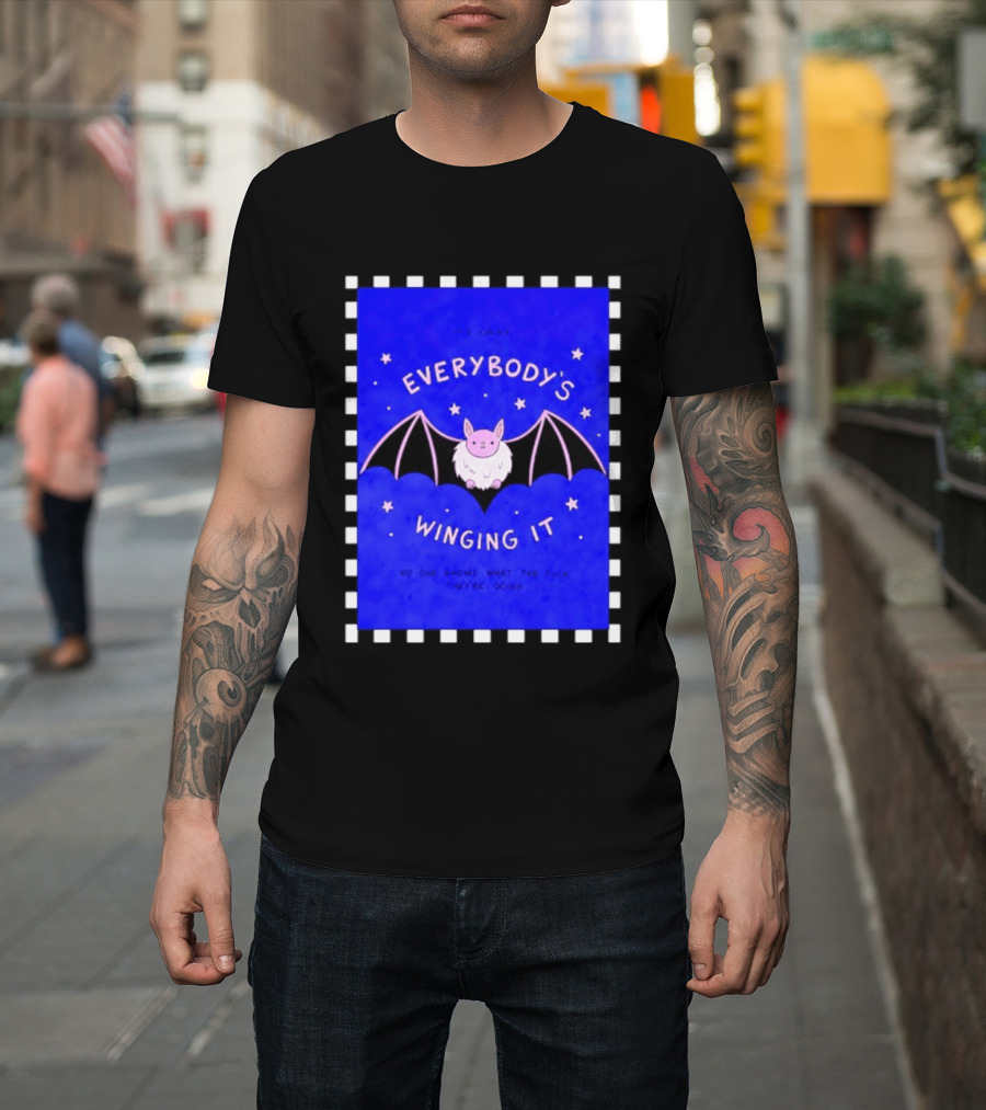 It's Okay Everybody's Winging It No One Knows What They're Doing Pink Bat With Stars T-Shirt