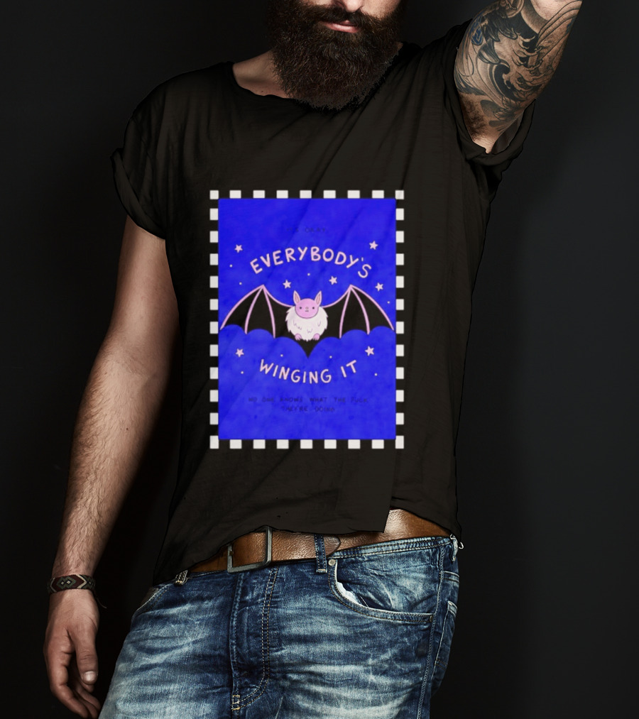 It's Okay Everybody's Winging It No One Knows What They're Doing Pink Bat With Stars T-Shirt