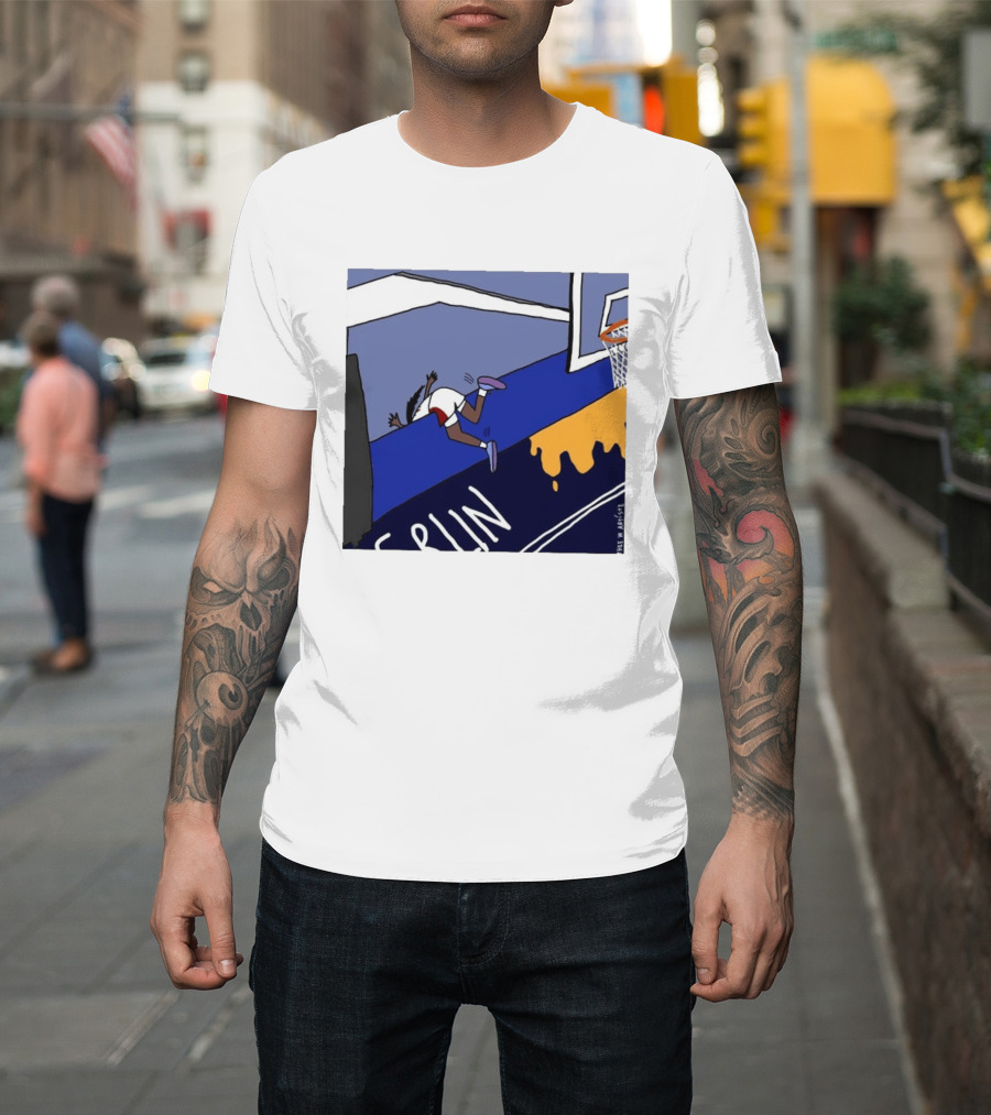 Basketball Player Diving Off Court Cartoon NBA Fan Art By Reuben Armstrong T-Shirt