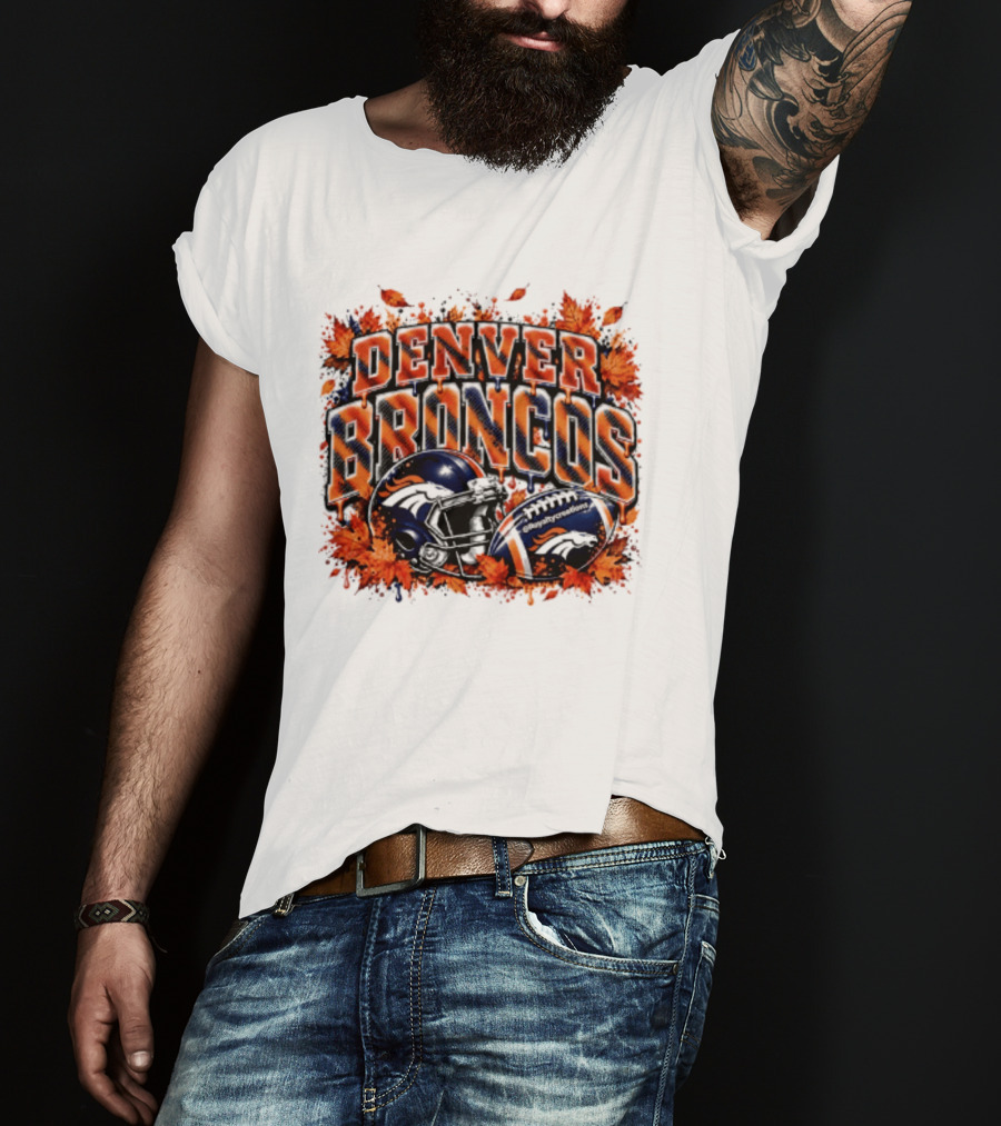 Denver Broncos Football Helmet Autumn Leaves Halloween 2026 T-Shirt