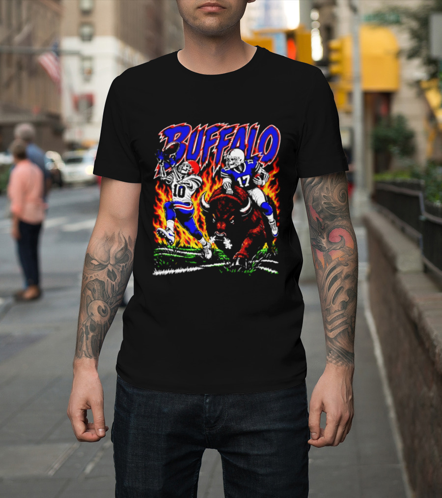 Buffalo Bills Flaming Skeleton Football Players Number 10 And 17 T-Shirt