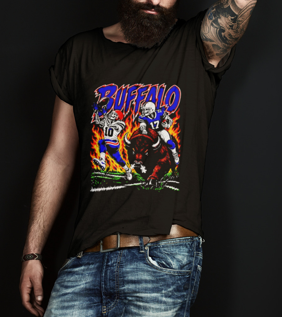 Buffalo Bills Flaming Skeleton Football Players Number 10 And 17 T-Shirt