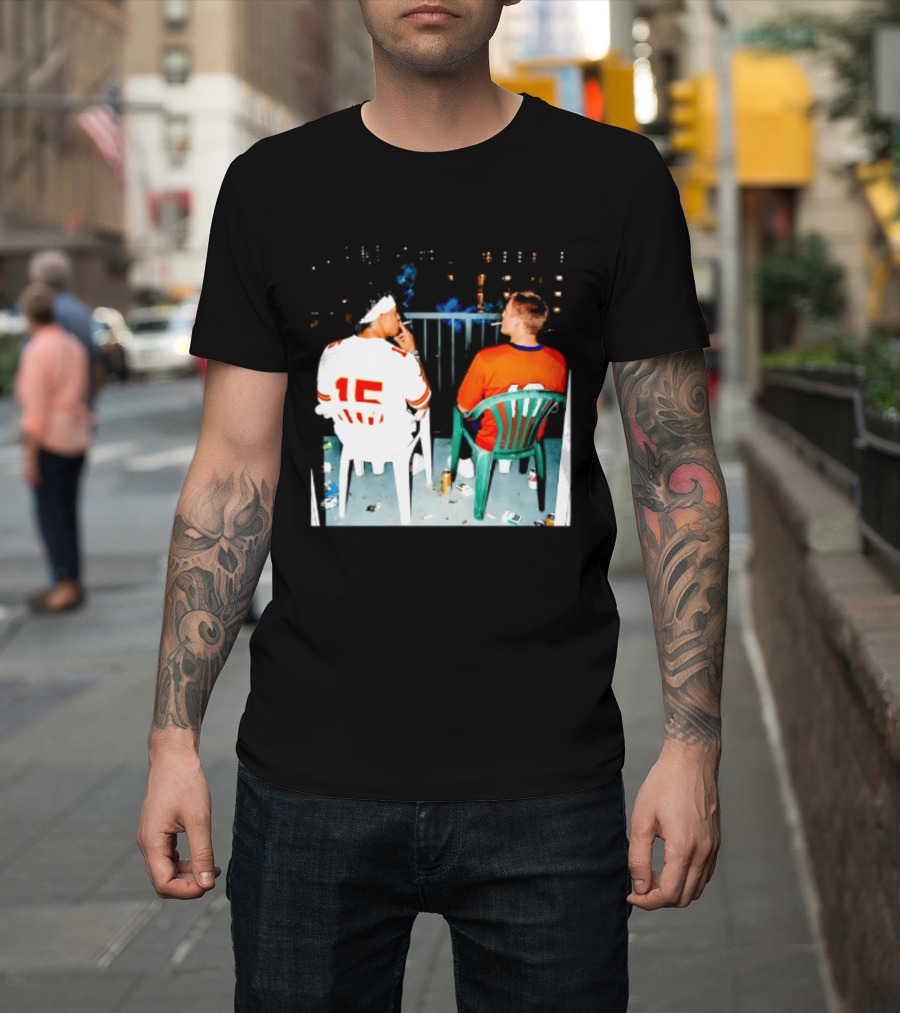 Patrick Mahomes Kansas City Chiefs And Bo Nix Denver Broncos Smoking Behind Skyline T-Shirt