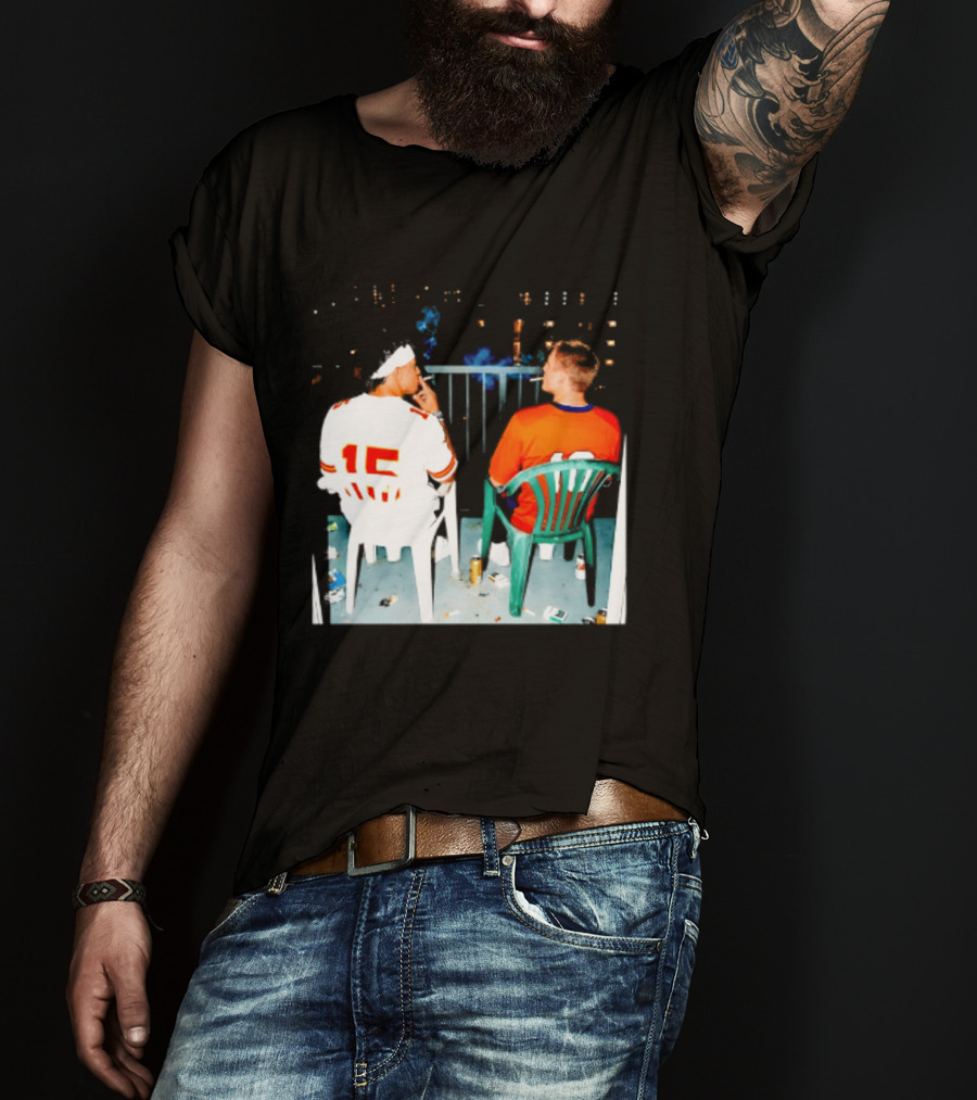 Patrick Mahomes Kansas City Chiefs And Bo Nix Denver Broncos Smoking Behind Skyline T-Shirt