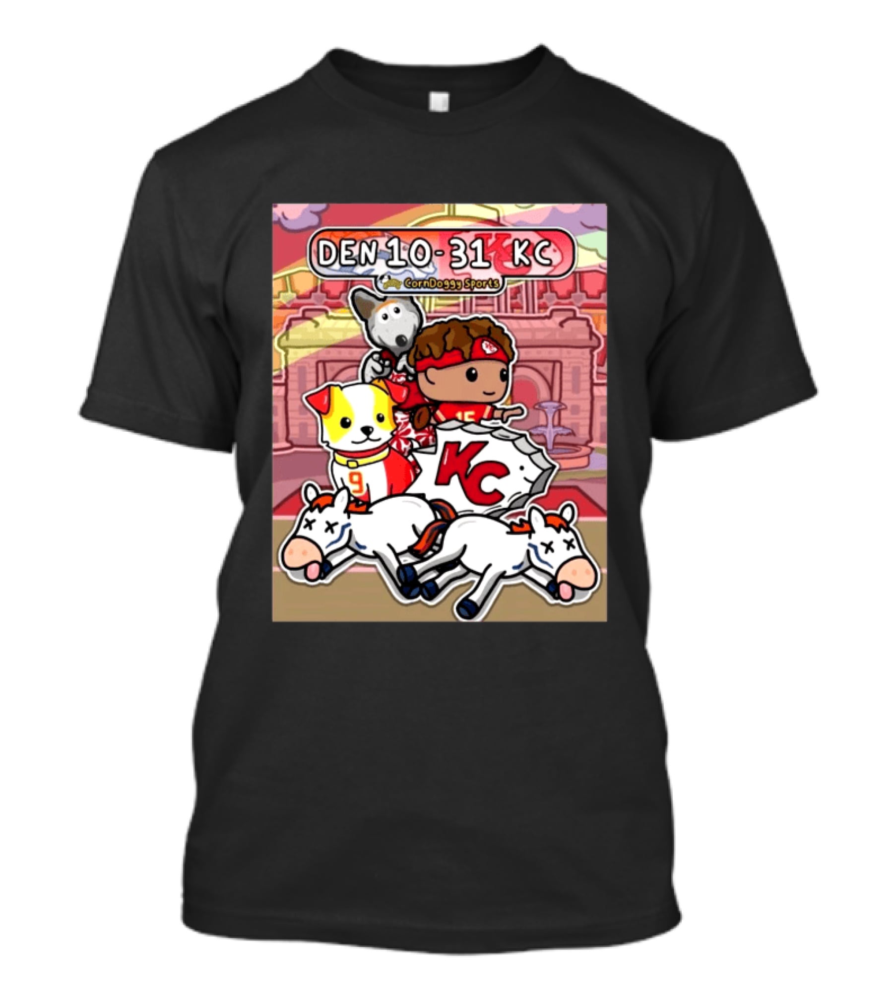 CornDoggy Sports DEN 10 31 KC Denver Broncos Vs Kansas City Chiefs Cartoon Characters And Dogs With Football T-Shirt
