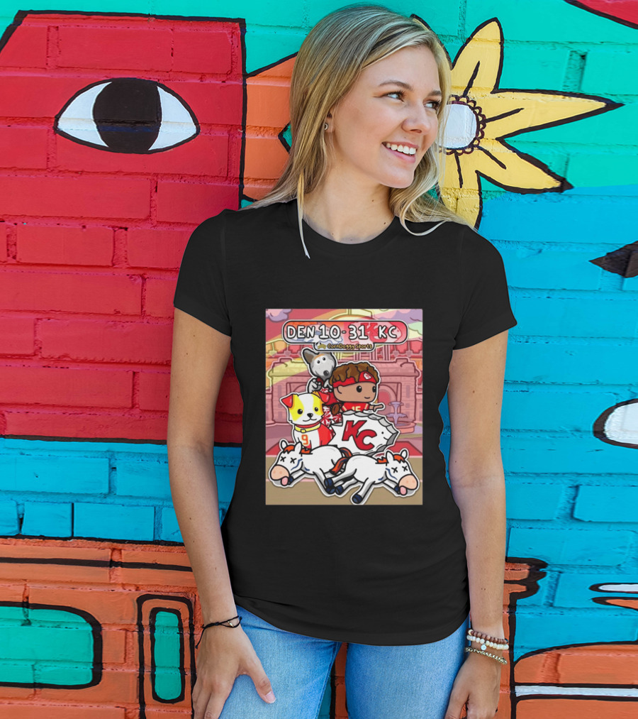 CornDoggy Sports DEN 10 31 KC Denver Broncos Vs Kansas City Chiefs Cartoon Characters And Dogs With Football T-Shirt