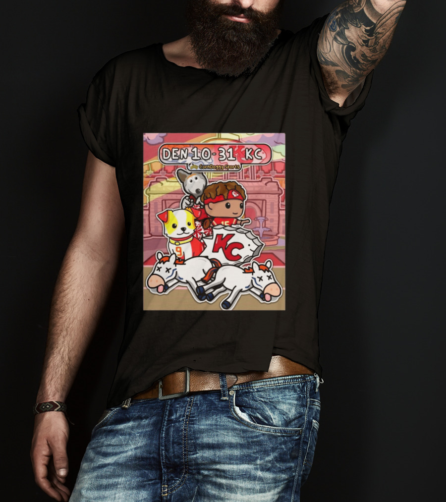 CornDoggy Sports DEN 10 31 KC Denver Broncos Vs Kansas City Chiefs Cartoon Characters And Dogs With Football T-Shirt