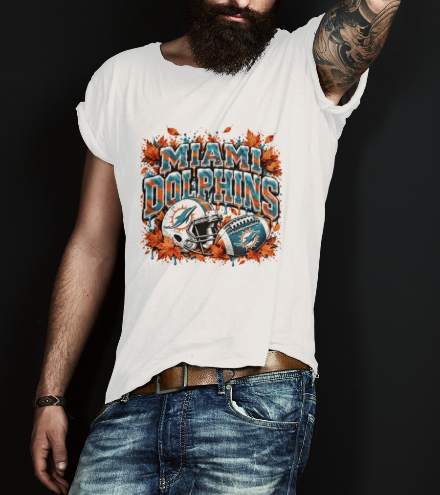 Miami Dolphins Football Helmet Autumn Leaves Halloween 2026 T-Shirt