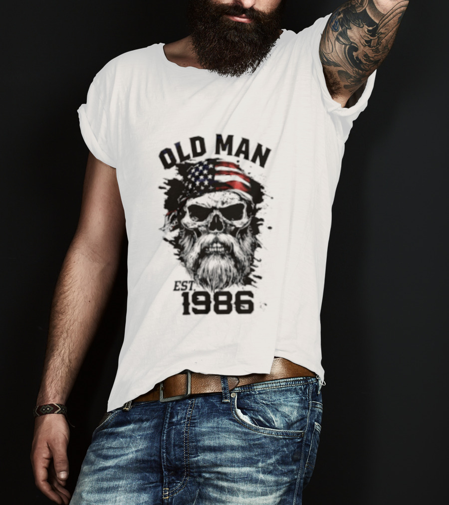 Old Man Est 1986 Skull American Flag Bandana T-Shirt