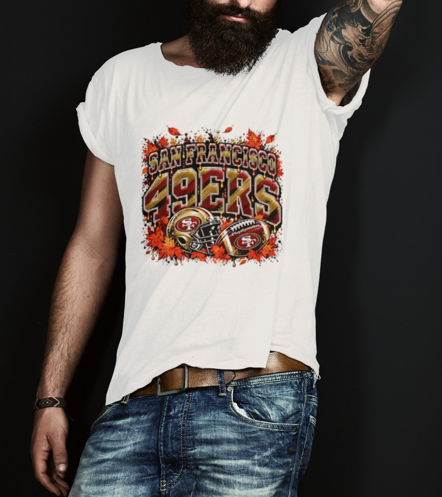 San Francisco 49ers Helmet And Football Autumn Leaves 2026 T-Shirt