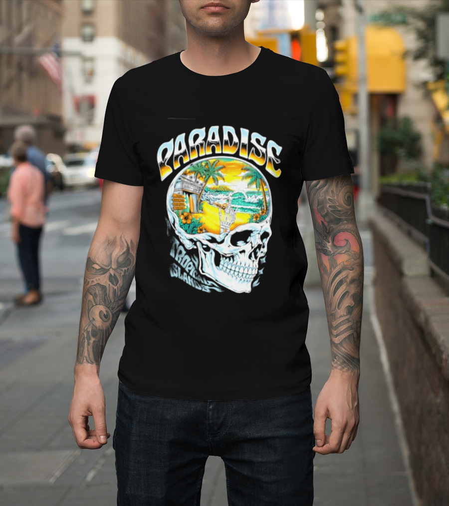 Paradise Tropical Island Skull Surf Shop Beach Scene T-Shirt