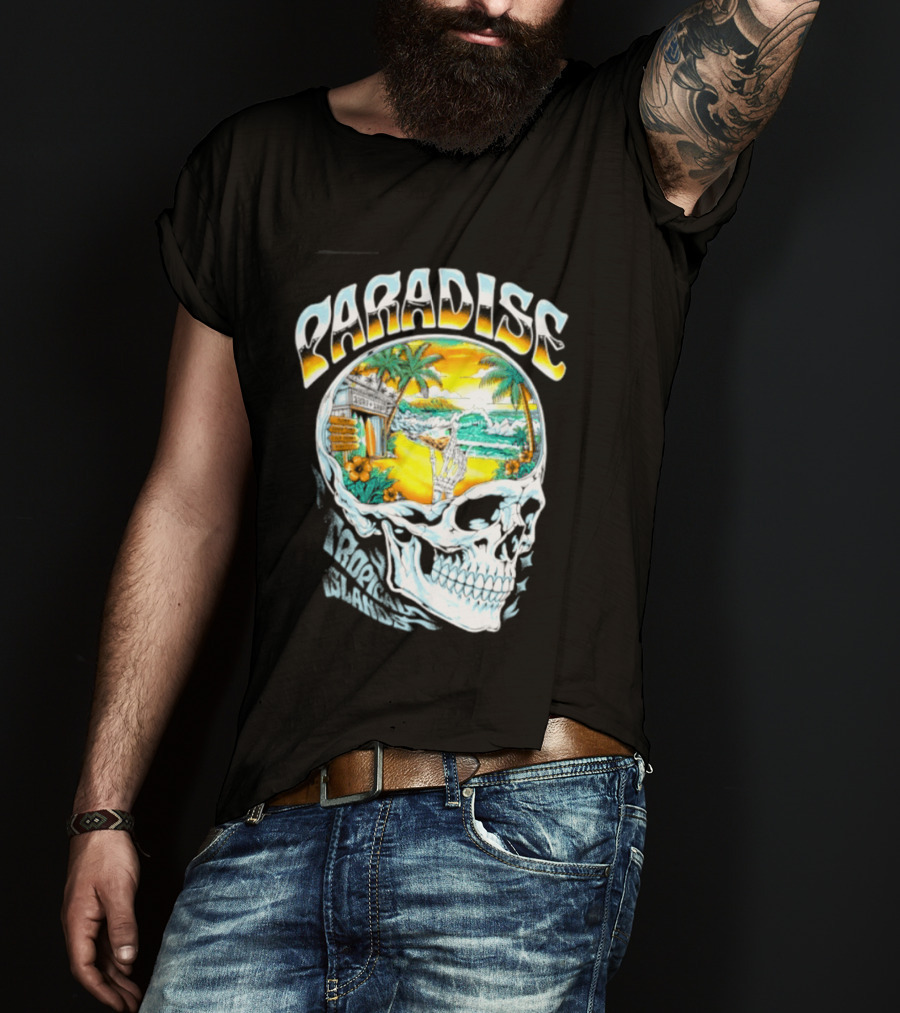 Paradise Tropical Island Skull Surf Shop Beach Scene T-Shirt