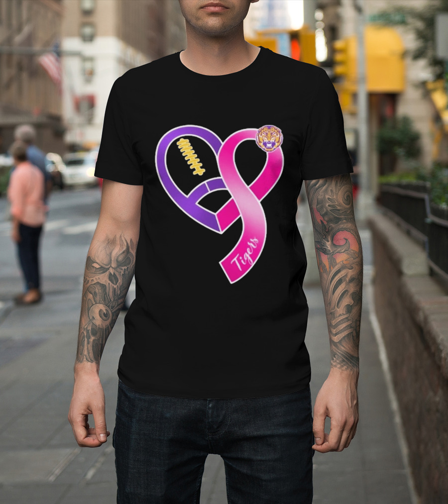 LSU Tigers Breast Cancer Awareness 2026 Heart Ribbon Football T-Shirt