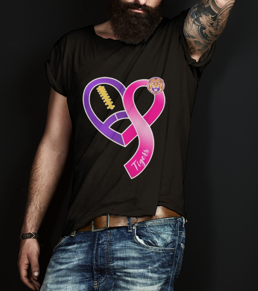 LSU Tigers Breast Cancer Awareness 2026 Heart Ribbon Football T-Shirt