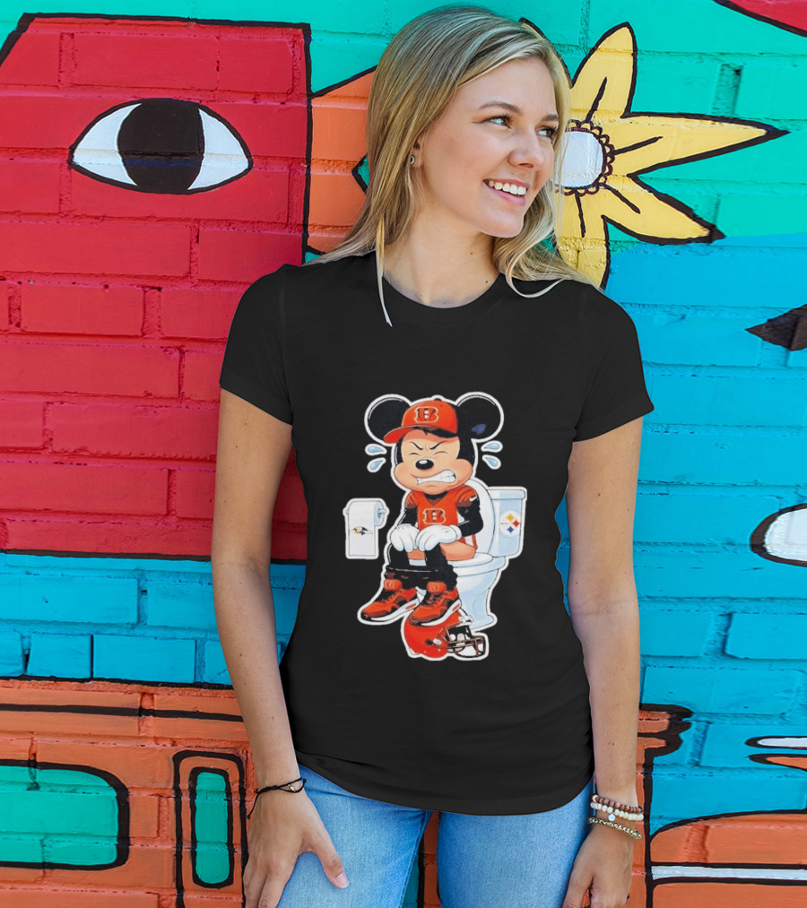 Mickey Cincinnati Bengals Mascot On Toilet Rival Baltimore Ravens Steelers Football Helmet T-Shirt